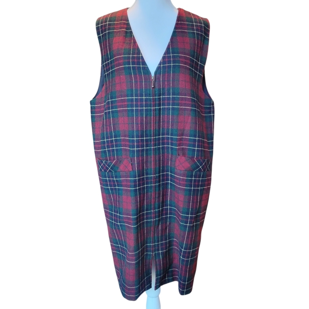 Vintage Sag Harbor Red Green Plaid Wool Blend Full Zip Jumper Dress
